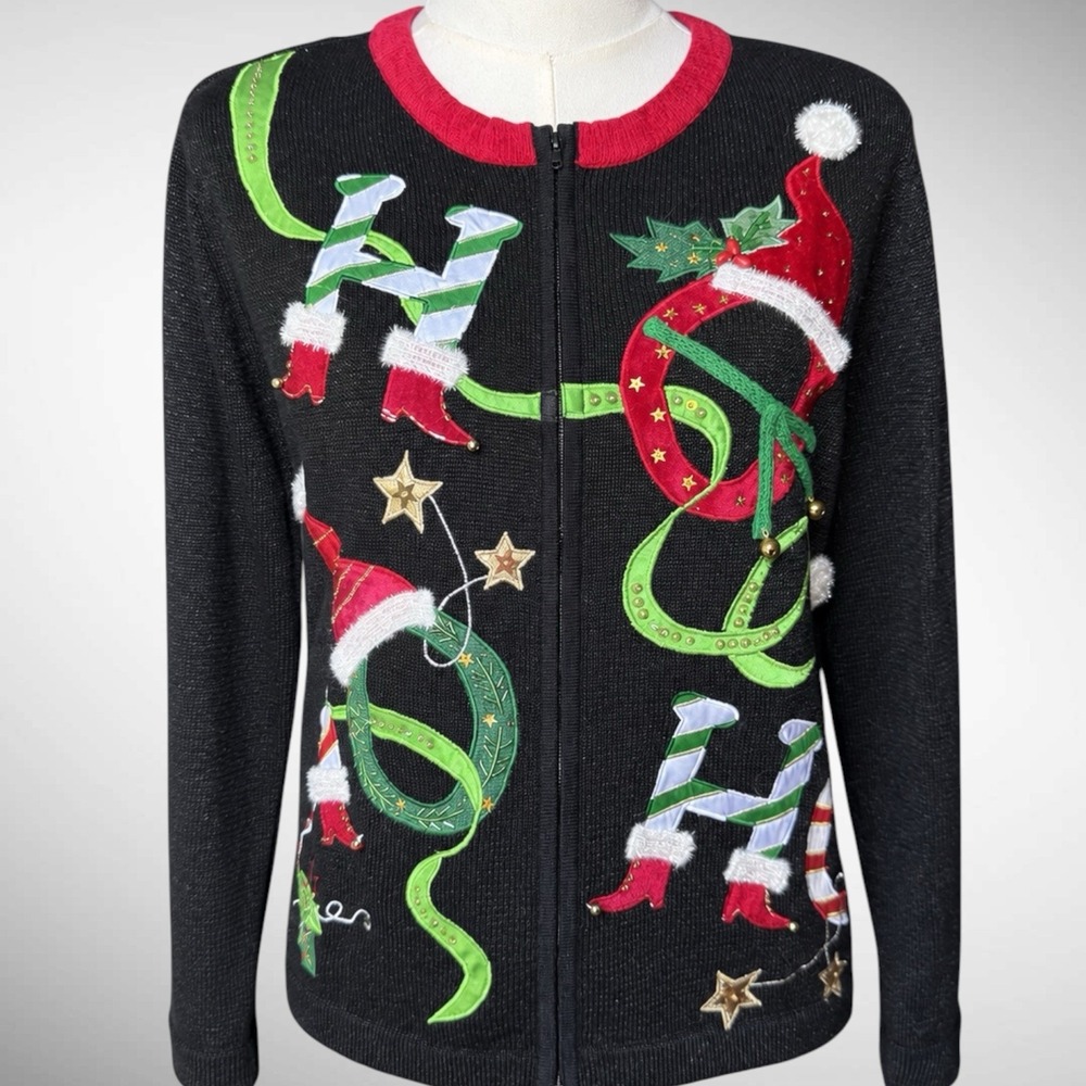 Design Options Philip Jane Gordon Ho Ho Ho Christmas Cardigan L 90s Vintage
